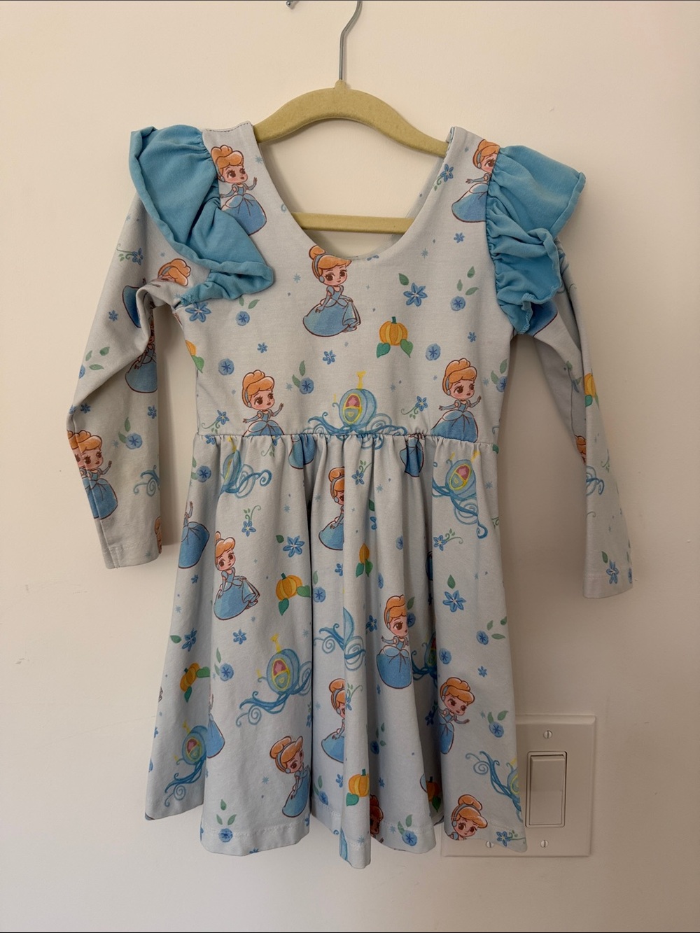 Girls Light Blue Princess Print Long Sleeve Dress